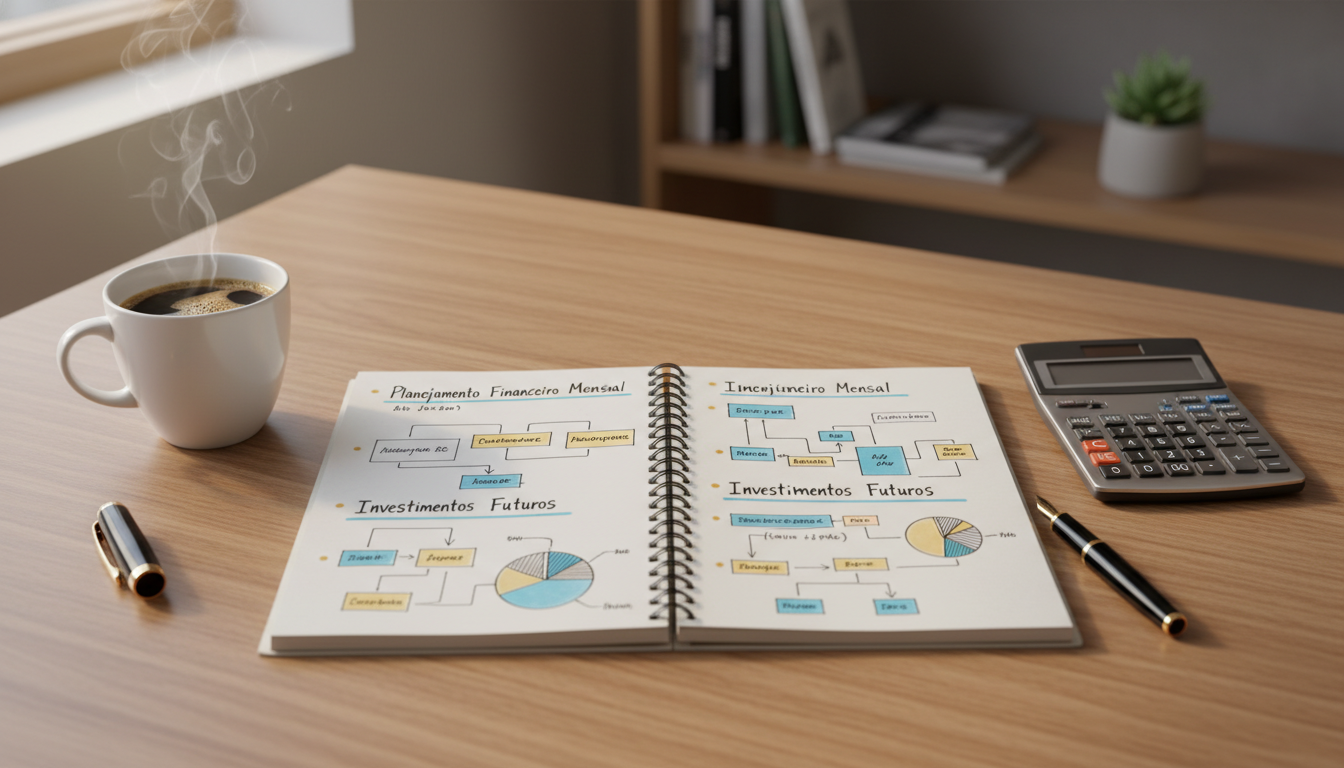 Uma mesa de trabalho organizada e iluminada, contendo um caderno aberto mostrando um planejamento financeiro feito à mão, uma calculadora, uma caneta elegante e uma xícara de café fumegante. A imagem deve transmitir uma sensação de controle, organização e paz financeira.