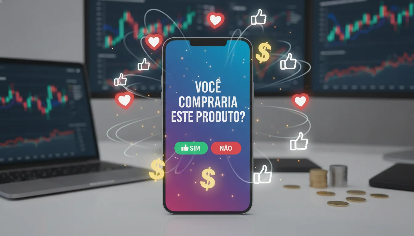 Um smartphone posicionado verticalmente no centro da imagem, exibindo uma pesquisa interativa de red