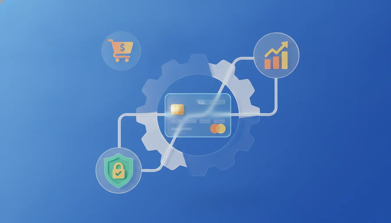Ilustração 3D em estilo flat design de uma engrenagem financeira mostrando um cartão de crédito no c