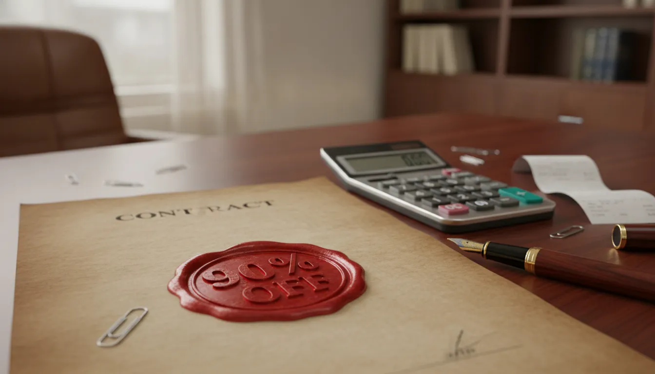 Um contrato financeiro com um grande carimbo vermelho escrito '90% DE DESCONTO', ao lado de uma calc