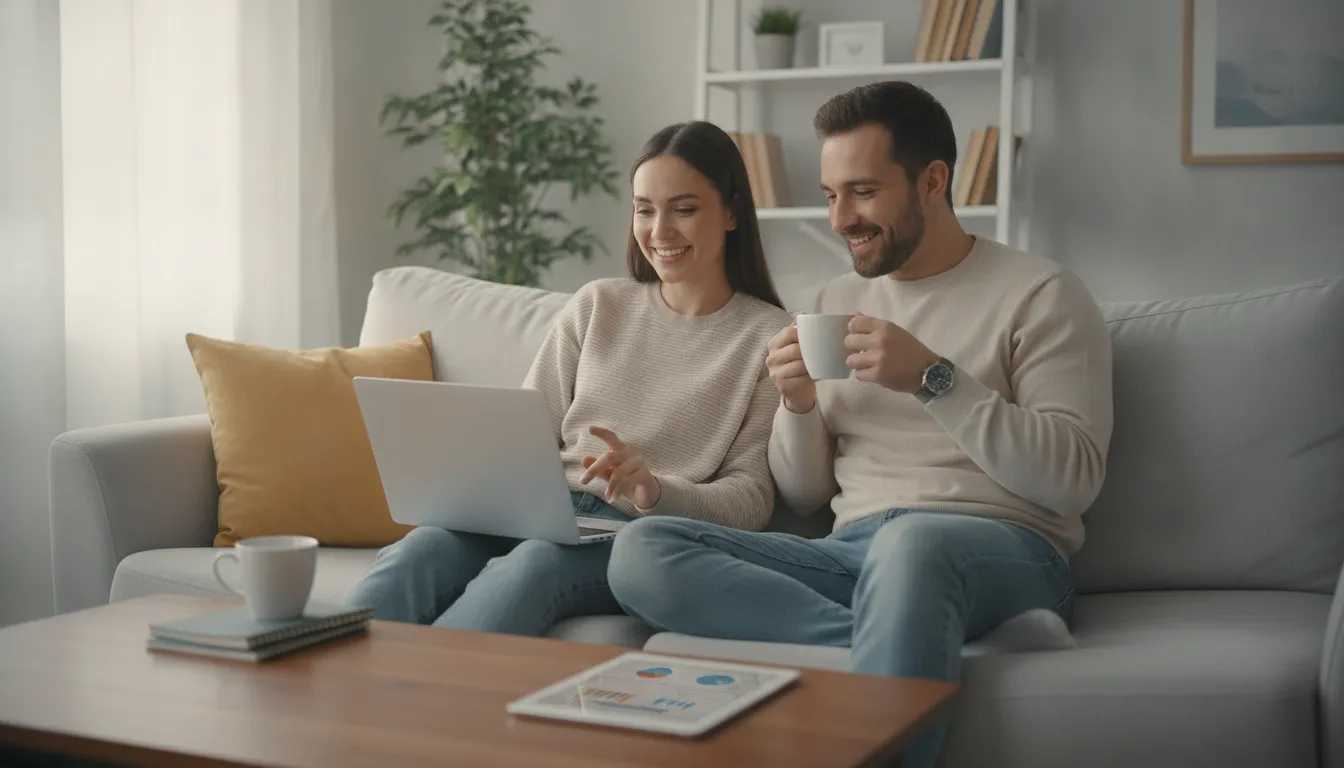 Um casal sorridente e tranquilo, com roupas casuais confortáveis, sentado no sofá da sala com um lap