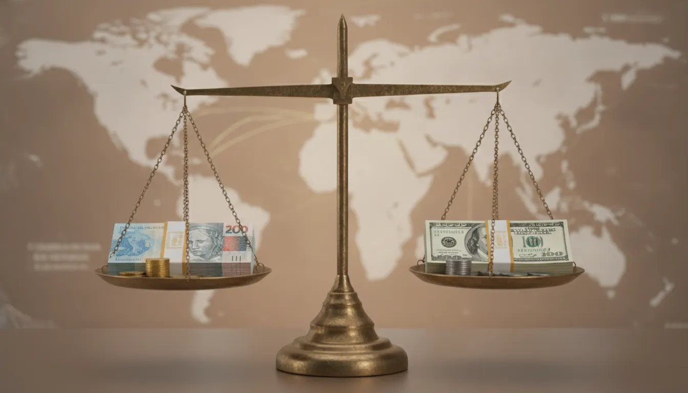 Ilustração de uma balança equilibrando o Real brasileiro e o Dólar americano, com um fundo de mapa-m