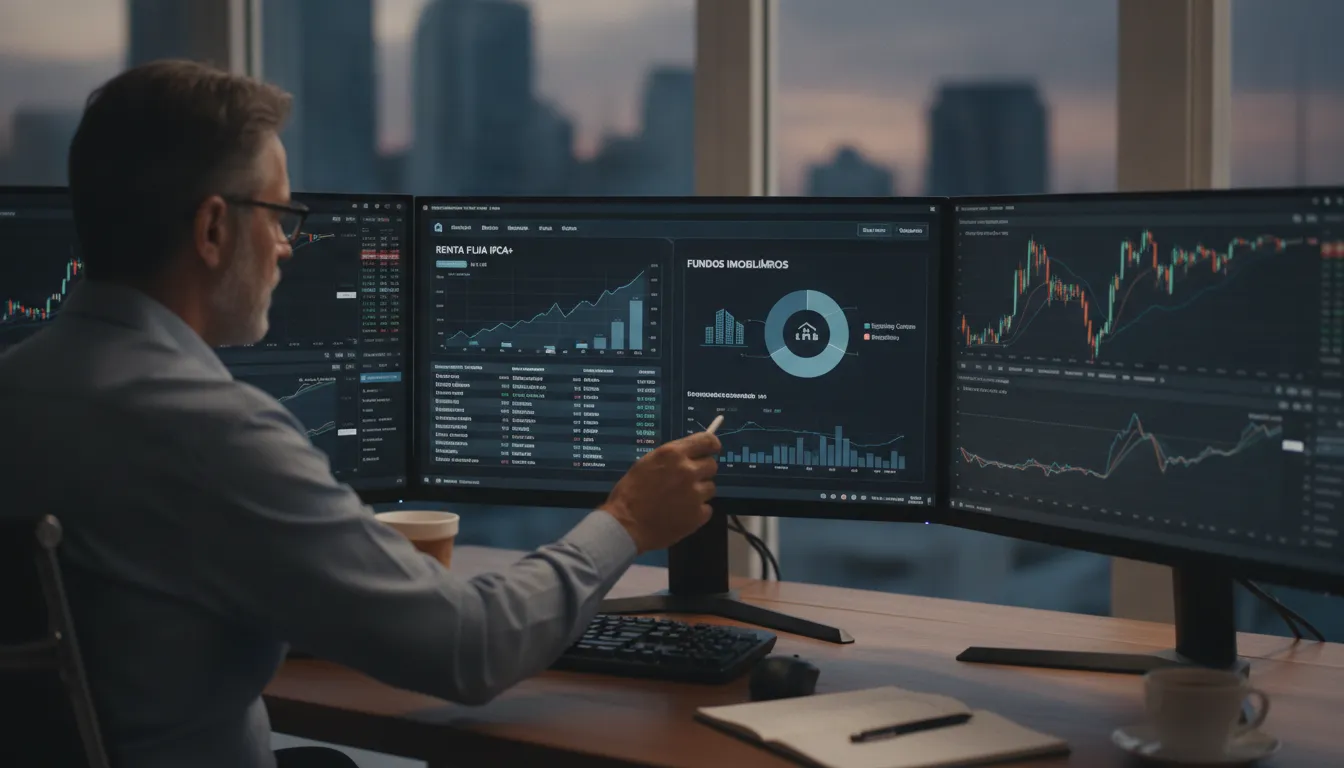 Um investidor analisando gráficos financeiros em múltiplos monitores, com foco em uma tela que exibe