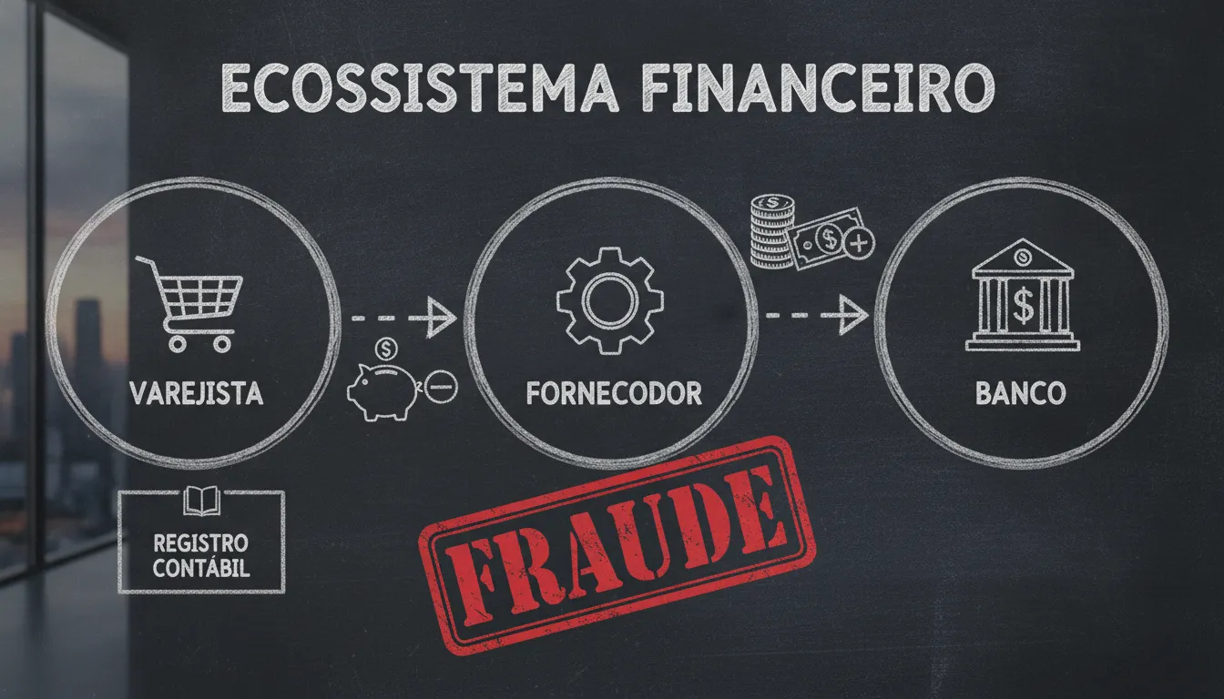 Um infográfico explicativo estilo quadro negro digital, mostrando três partes: Varejista, Fornecedor