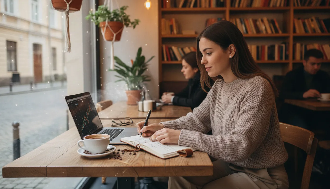 Uma pessoa em um café aconchegante, trabalhando em um laptop e fazendo anotações em um caderno, com