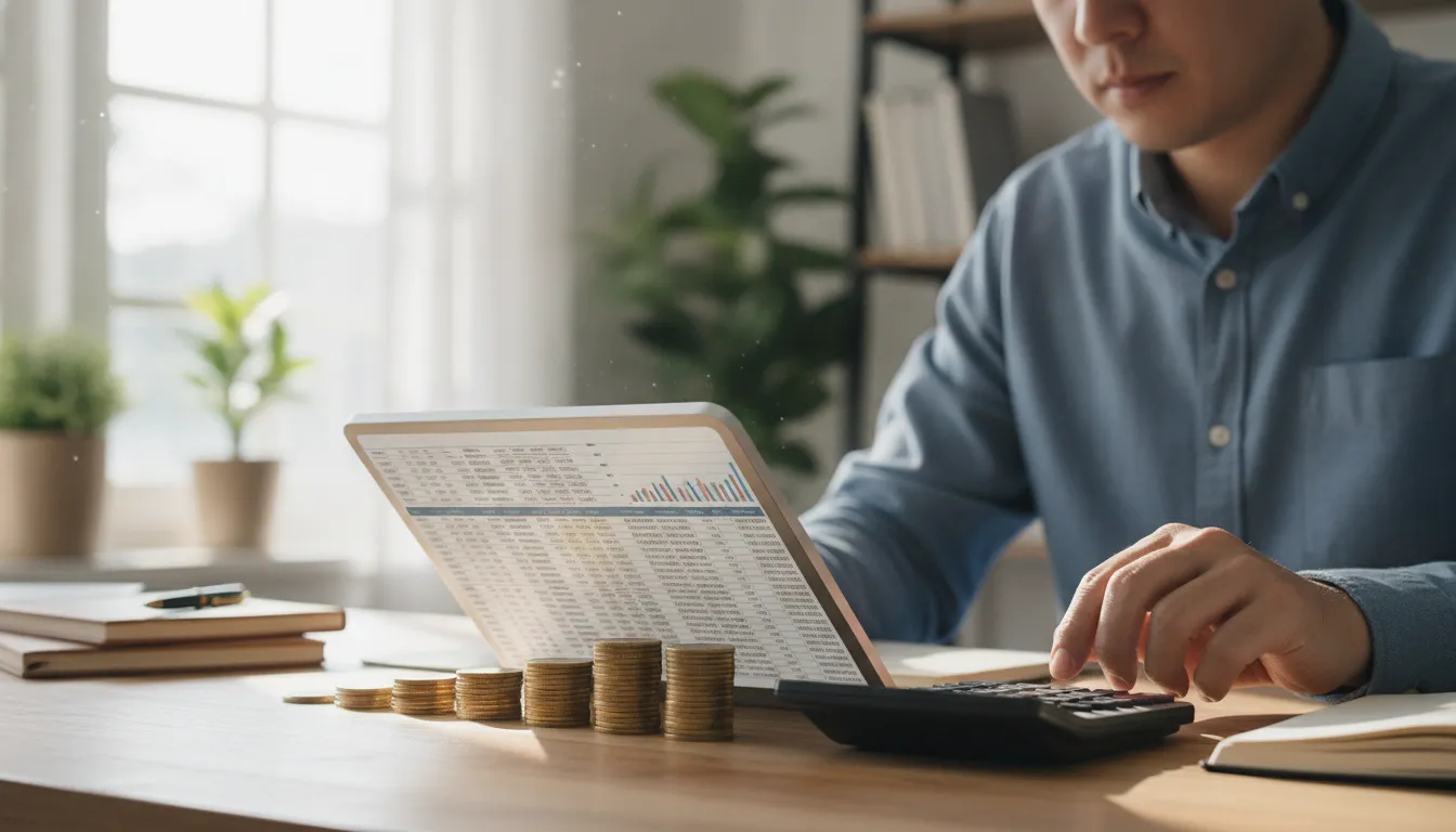 Uma pessoa analisando uma planilha financeira em um tablet, com moedas empilhadas de forma organizad