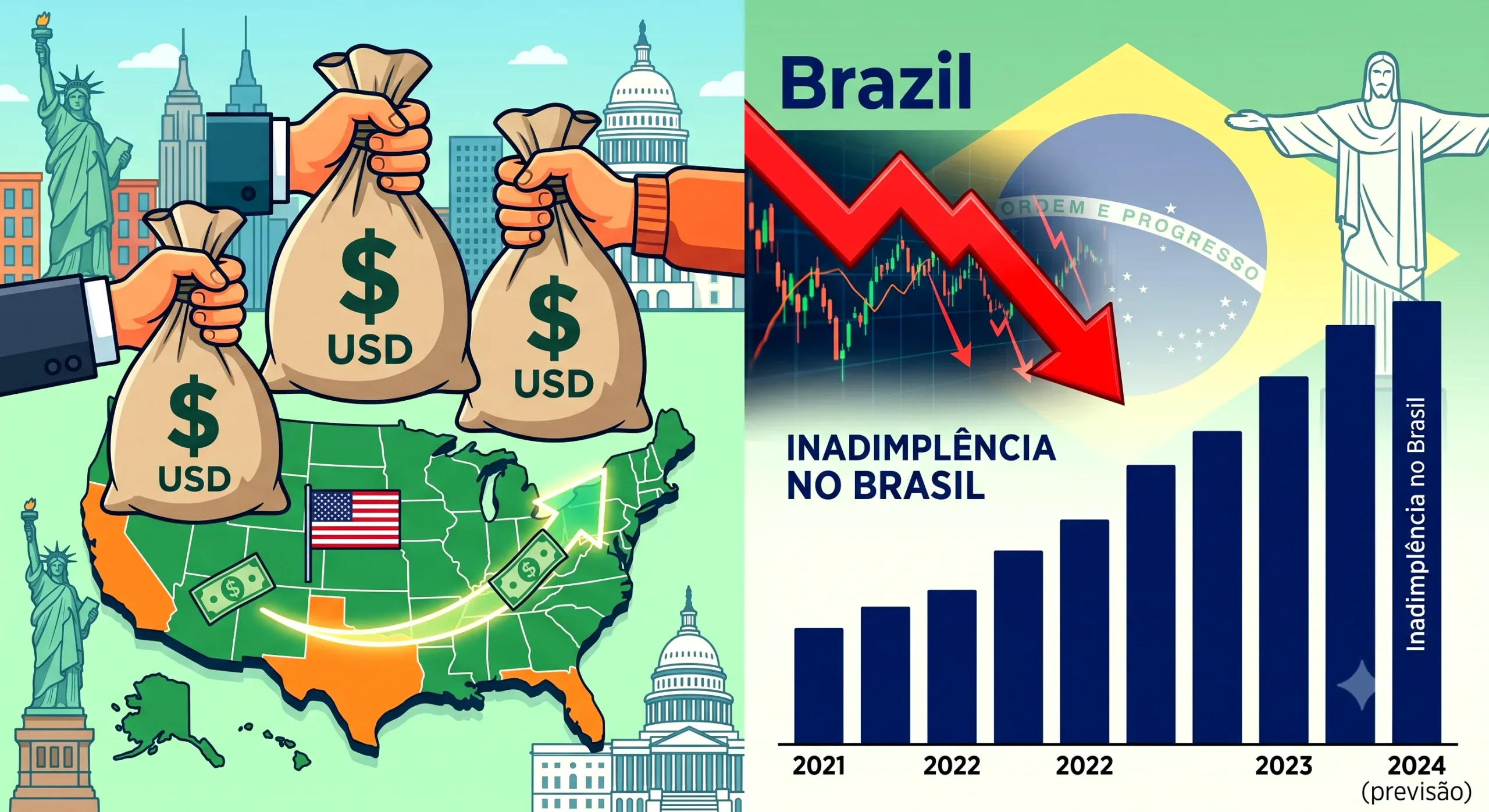 Representação gráfica mostrando mãos segurando sacos de dinheiro indo para os EUA e um gráfico de ba