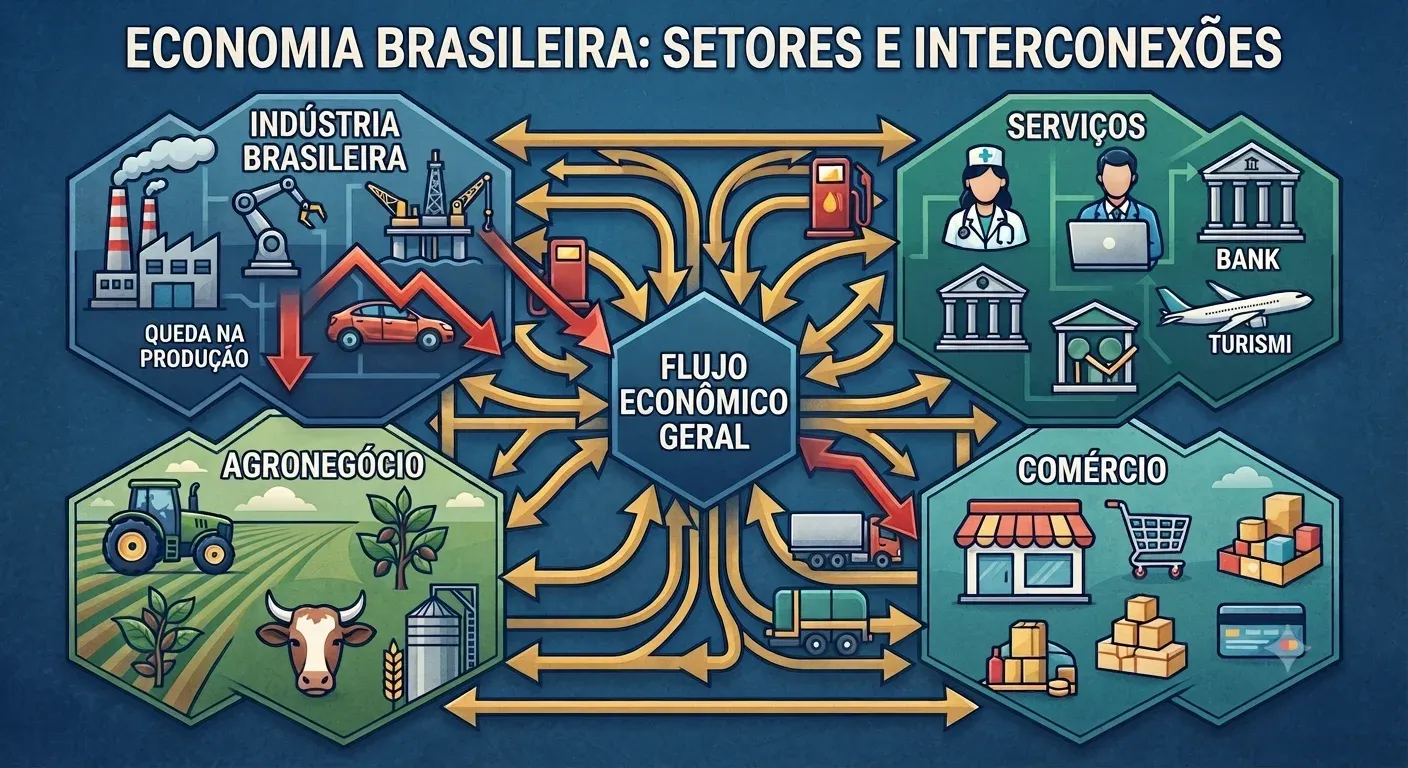 Um mosaico de ícones representando diferentes setores da economia brasileira (indústria, serviços, a